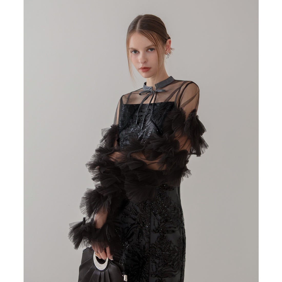 レジャ Leja フリルチュールスリーブリボンIラインワンピースドレス2点