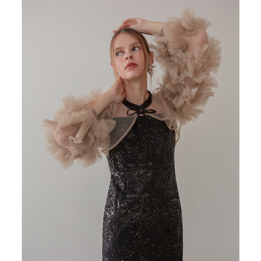 レジャ Leja フリルチュールスリーブリボンIラインワンピースドレス2点