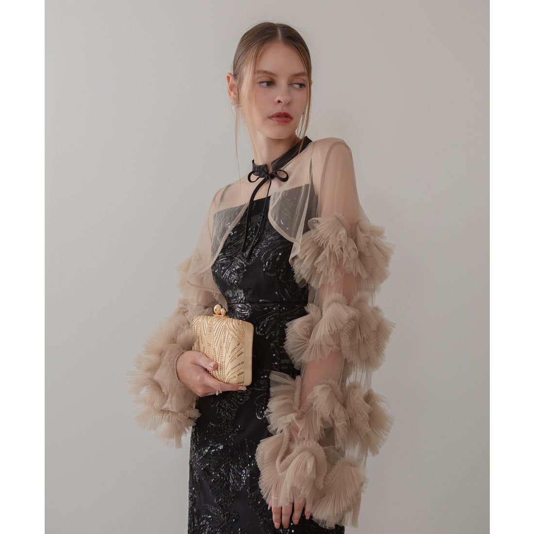 レジャ Leja フリルチュールスリーブリボンIラインワンピースドレス2点