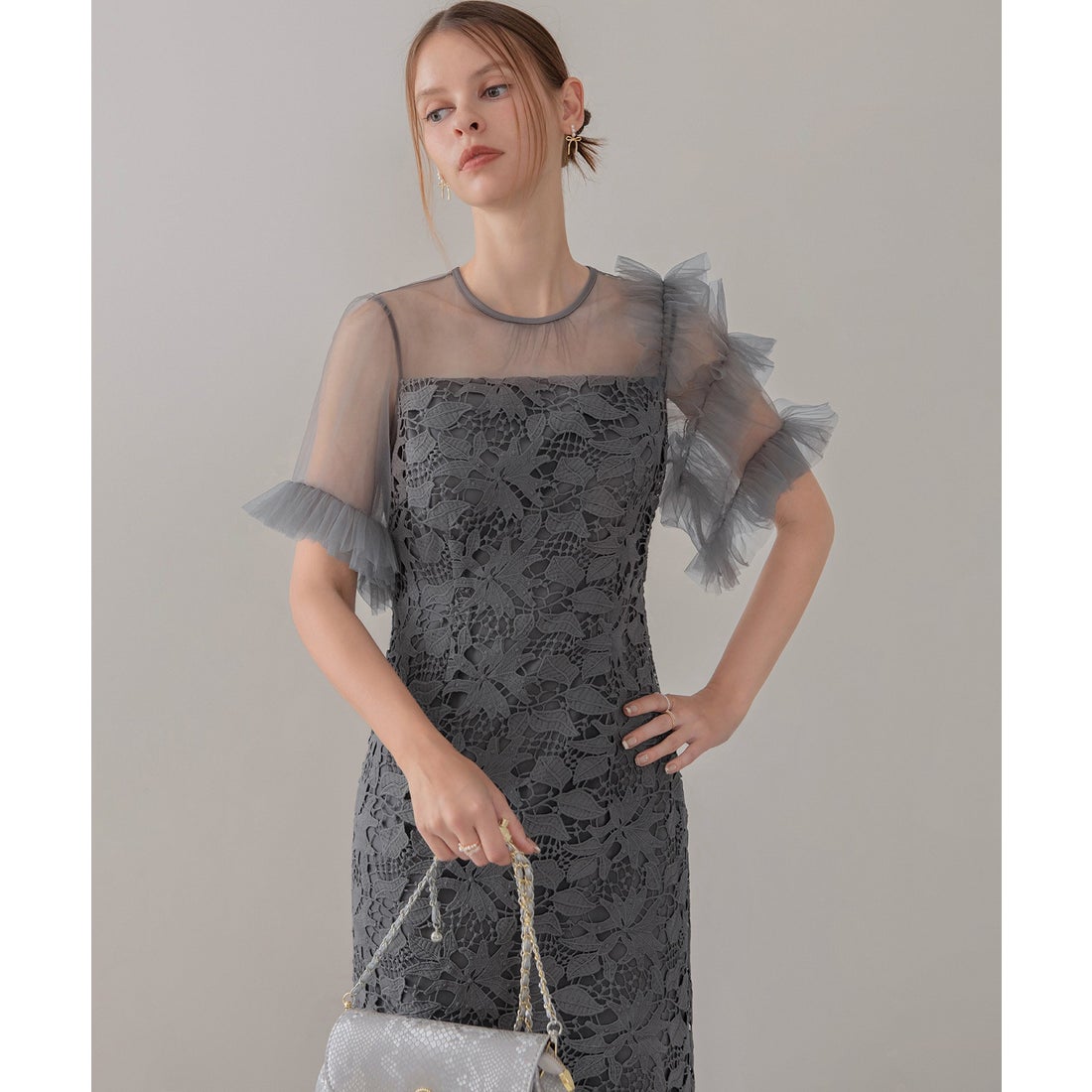 レジャ Leja アシンメトリーチュールスリーブレースフリルヘムIライン