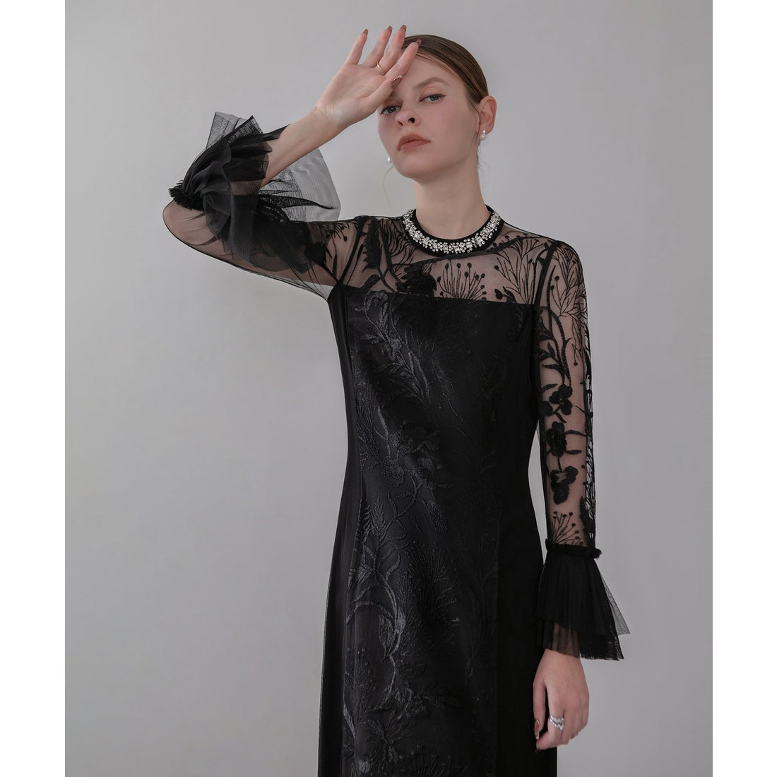 レジャ Leja フラワーレースジュエルカラーIラインワンピースドレス