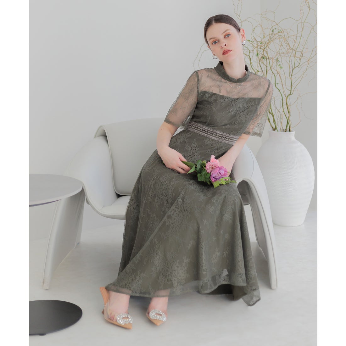 レジャ Leja ハイネック花柄レースウエストマーク透けロングドレス