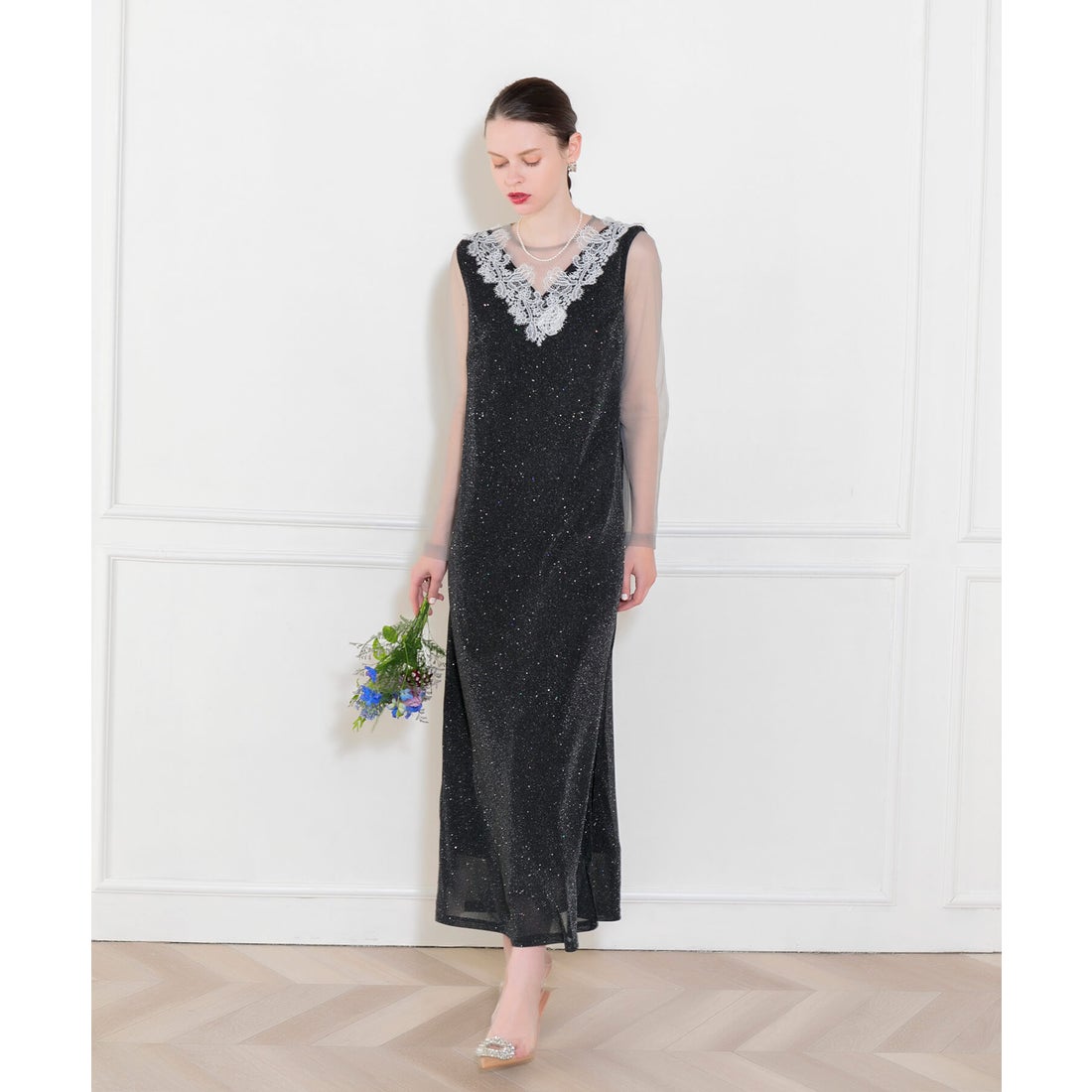 レジャ Leja レースネック透け袖スリットキラキラロングドレス