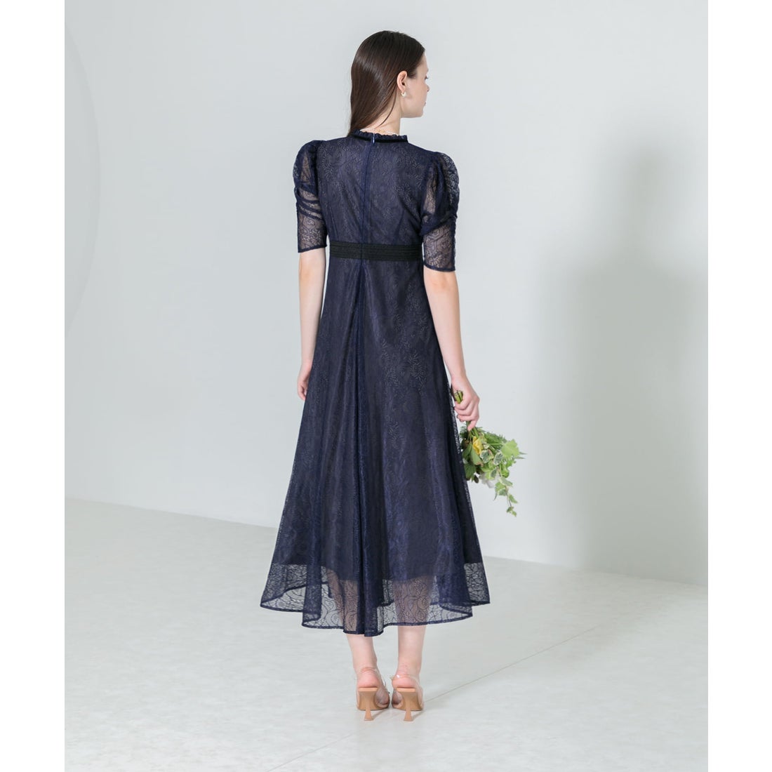 レジャ Leja ウエストマークパフスリーブ総レースロングドレス