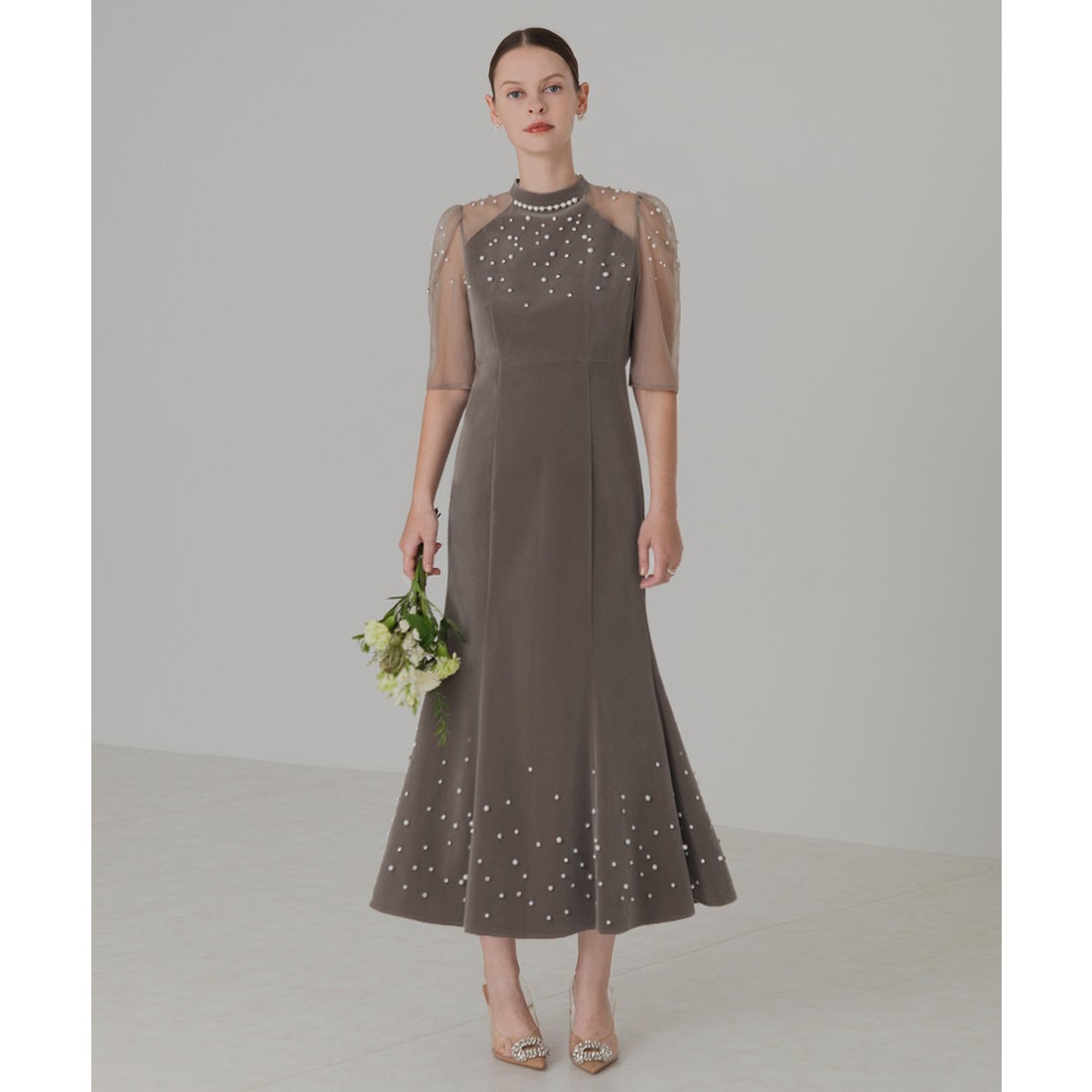 レジャ Leja シアースリーブパールビジューベロアマーメイドドレス美脚