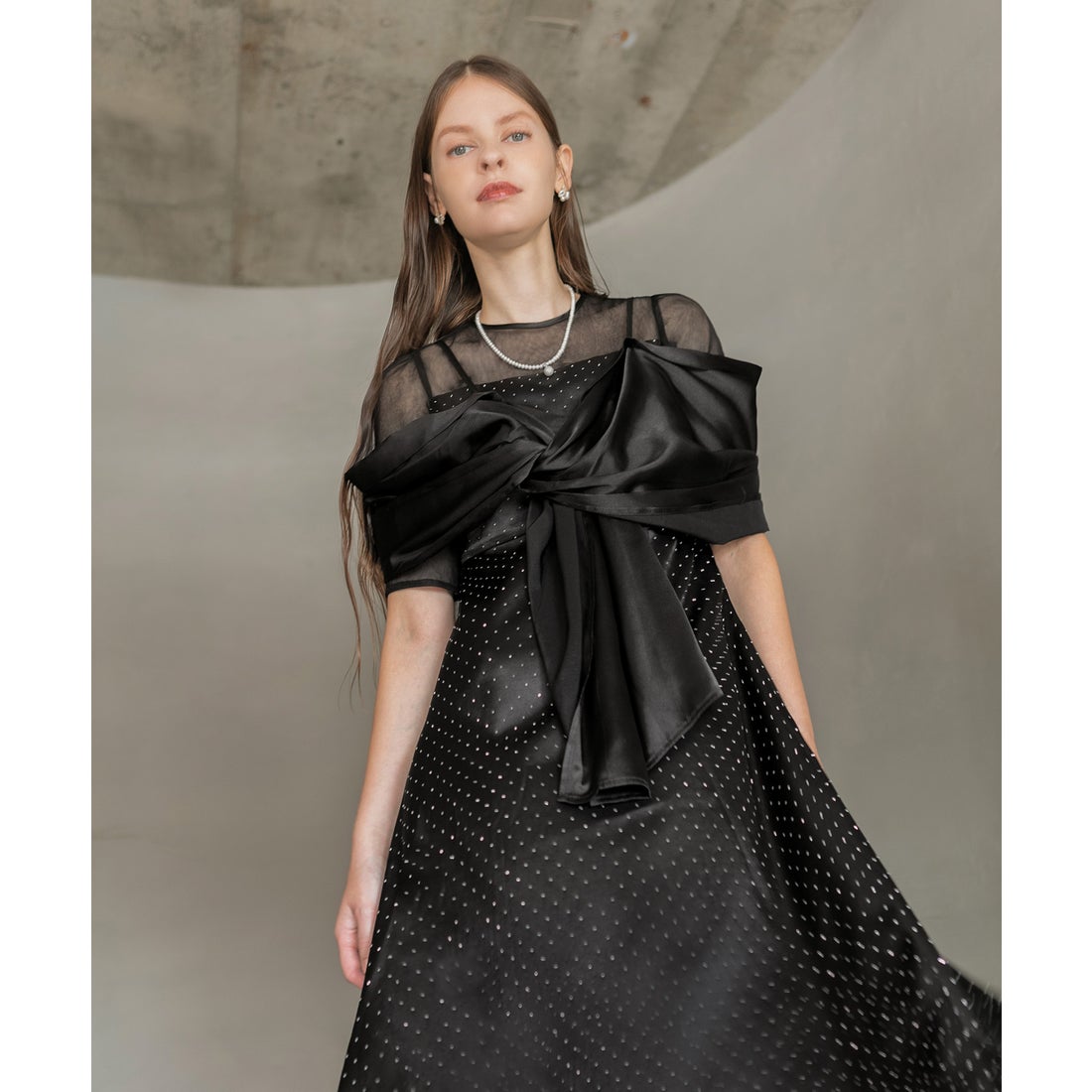 Leja 2WAY花柄リボンドットストーンブラックドレス Leja 2WAY花柄