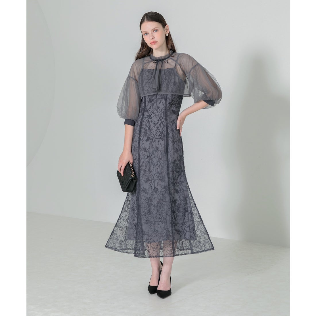 レジャ Leja リボン付きパフスリーブシアーボレロ刺繍レースマーメイド