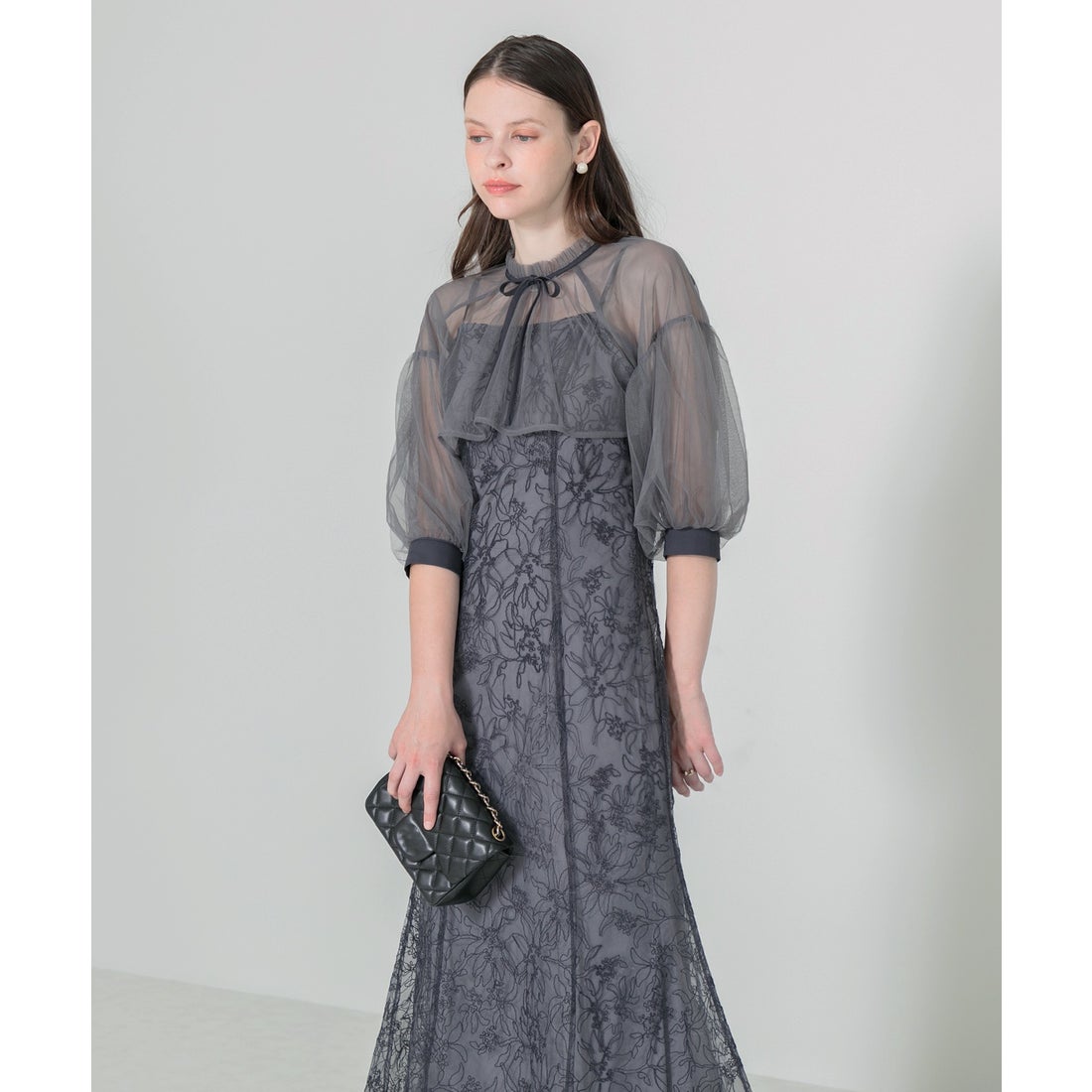 レジャ Leja リボン付きパフスリーブシアーボレロ刺繍レースマーメイド