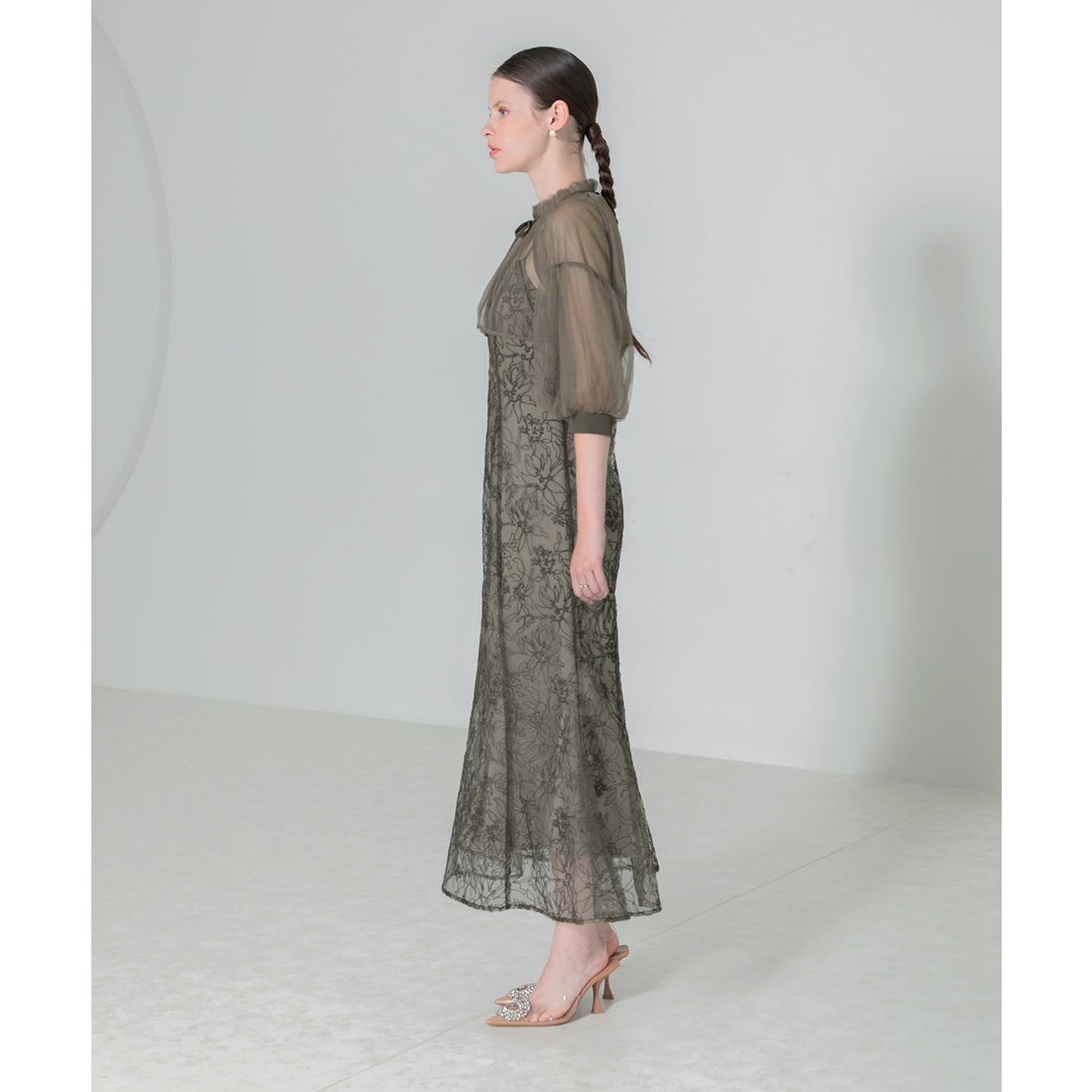 レジャ Leja リボン付きパフスリーブシアーボレロ刺繍レースマーメイド