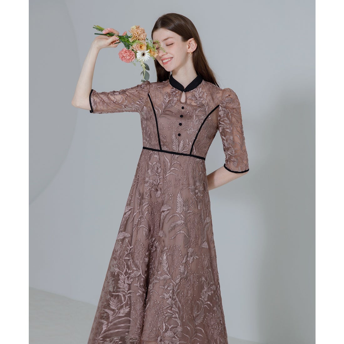 CLANE 花柄刺繍 ロングドレス ベージュ CLANE 花柄刺繍 ロングドレス