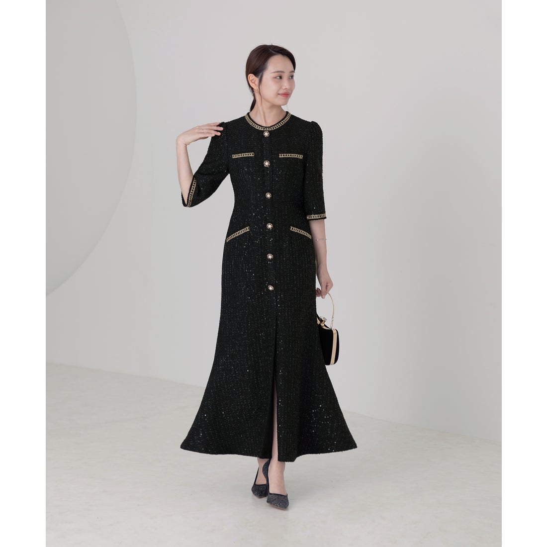 レジャ Leja ラメ混ツイードレザーパイピングパール釦スパンコール