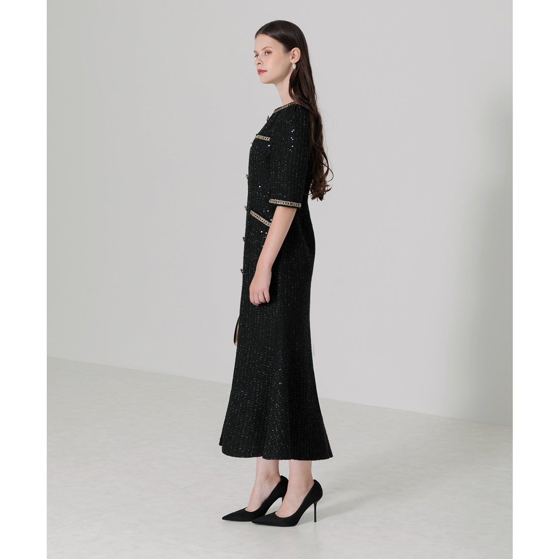 レジャ Leja ラメ混ツイードレザーパイピングパール釦スパンコール