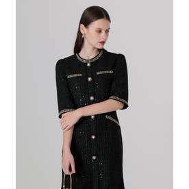 レジャ Leja ラメ混ツイードレザーパイピングパール釦スパンコール