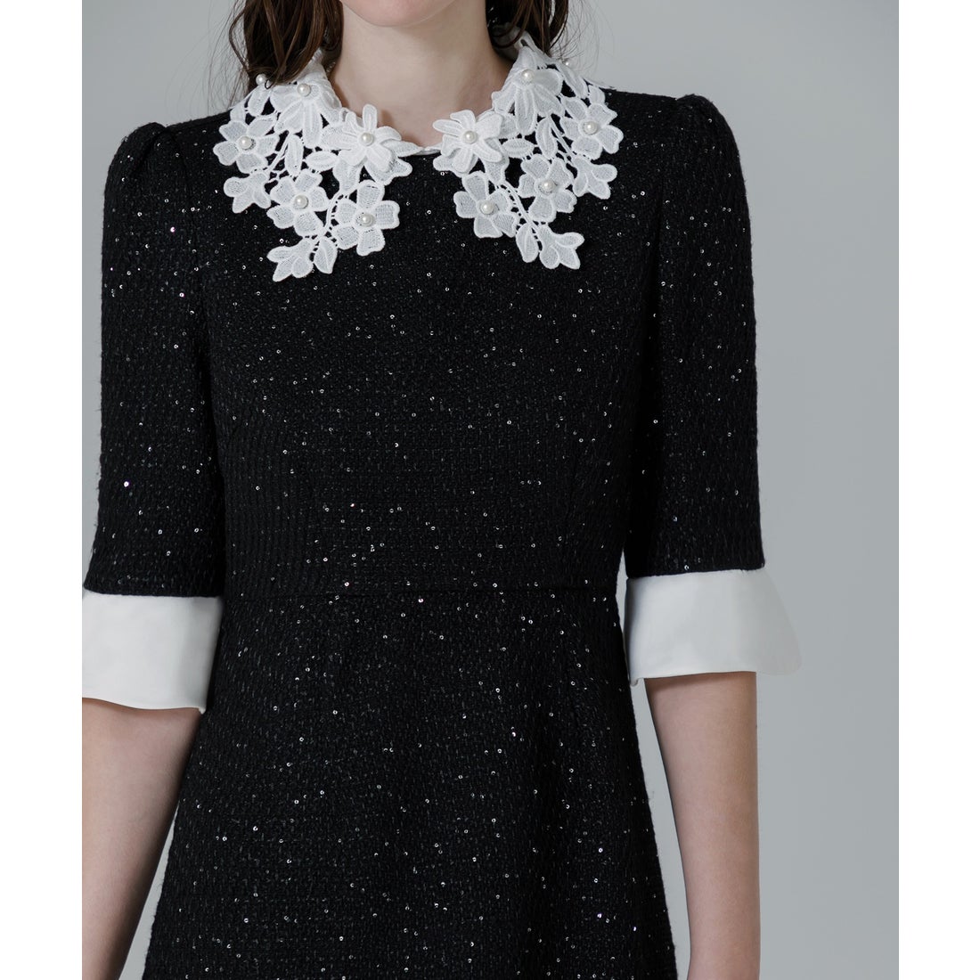 レジャ Leja 花柄レースカラースパンコール刺繍Aラインフレアドレス