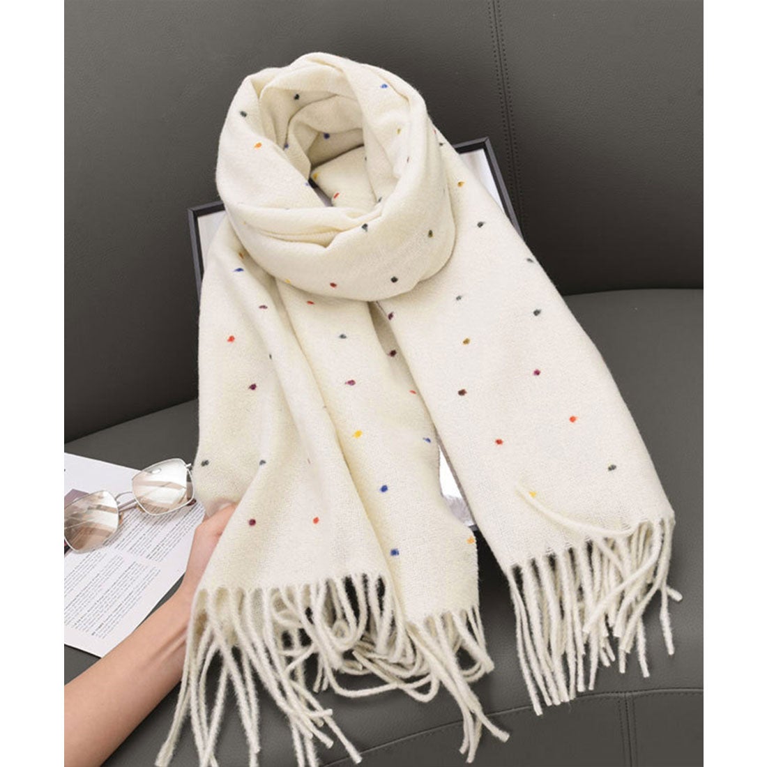 ミニミニストア miniministore ドット柄 大判マフラーフリンジストール