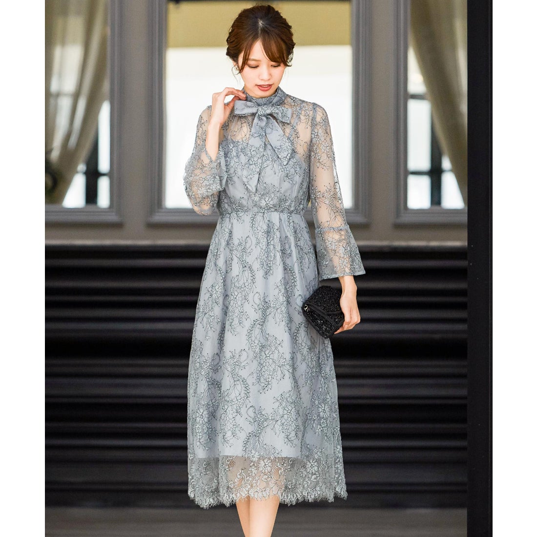 ニアナ niana 襟ボウタイレース 結婚式ワンピース パーティードレス