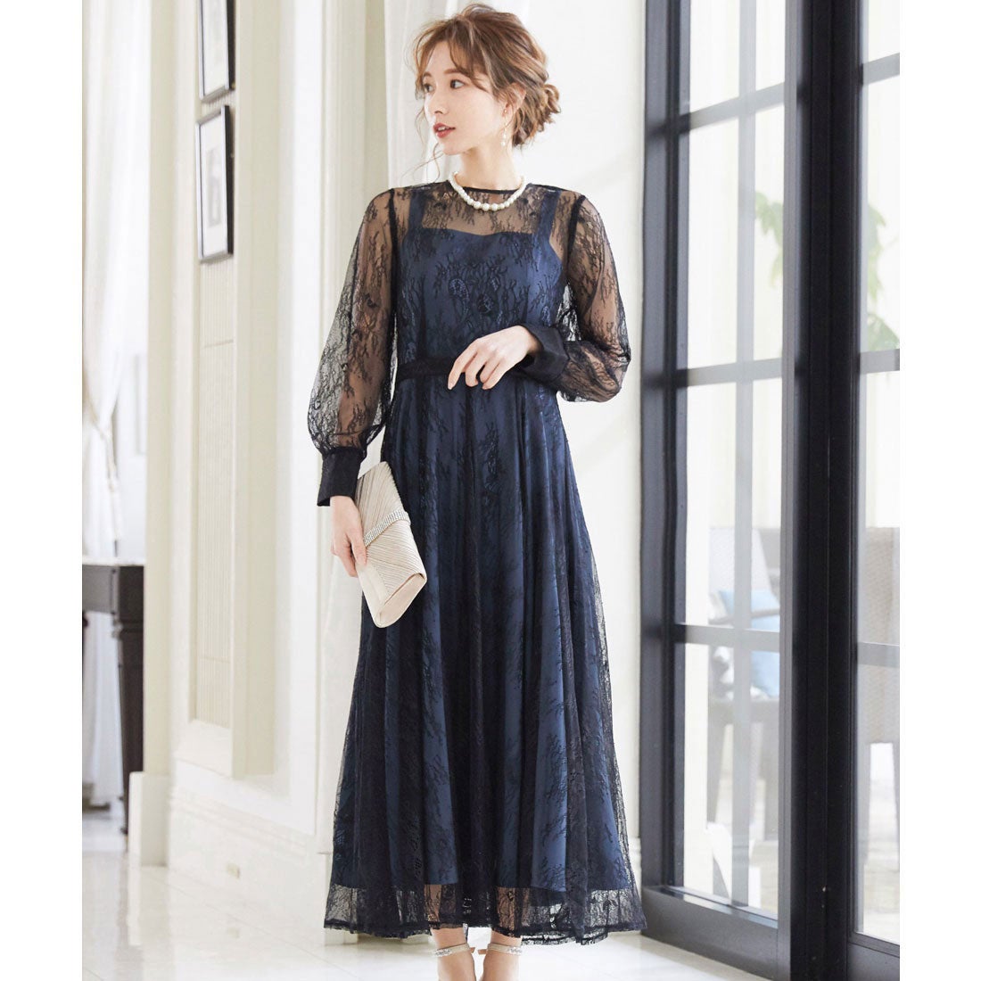 ニアナ niana 2wayバックリボン総レースドレス 結婚式ワンピース