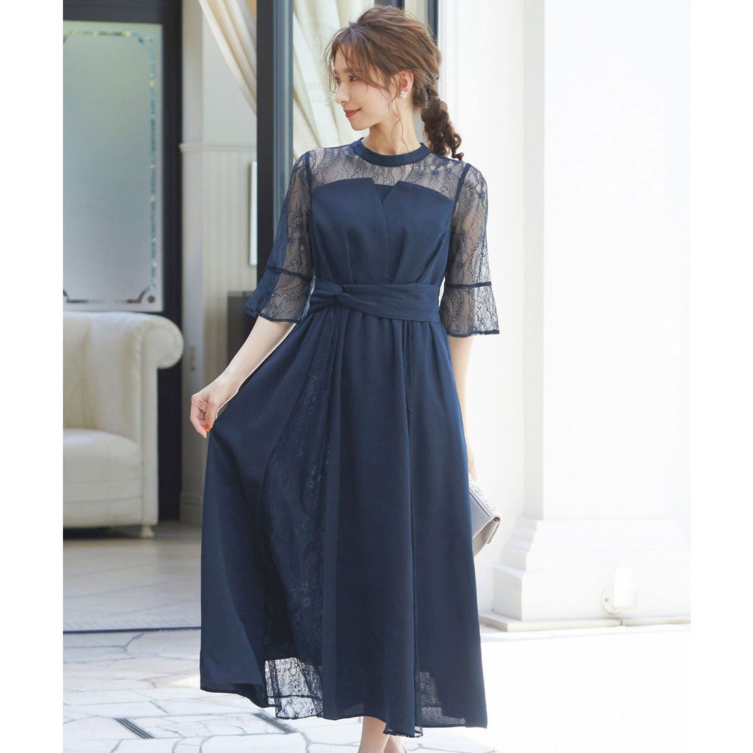 ニアナ niana ビスチェ風ハイネックレース結婚式ワンピース （ネイビー