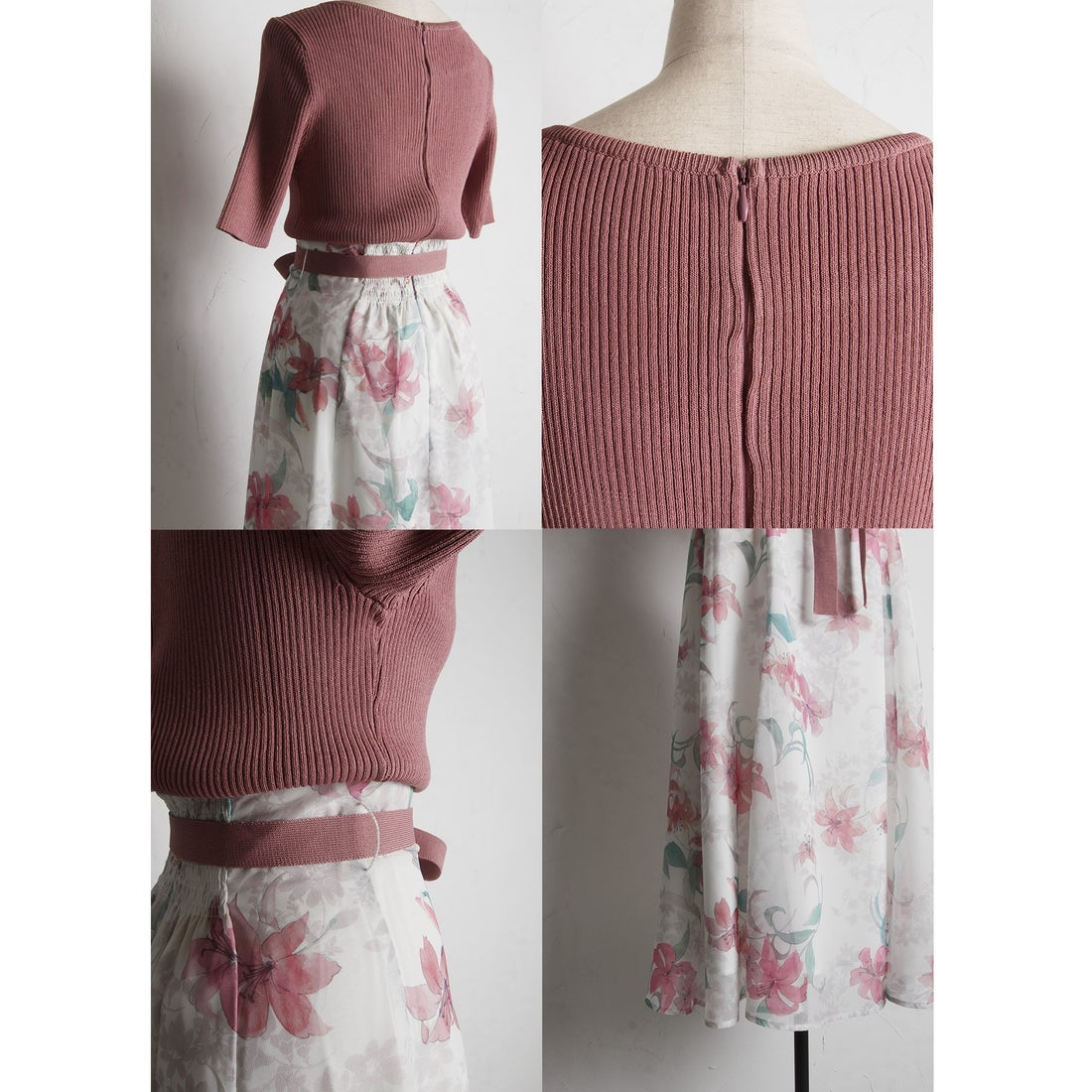 楽天市場】ウエストりぼん付きリブニット×フラワープリントドッキング