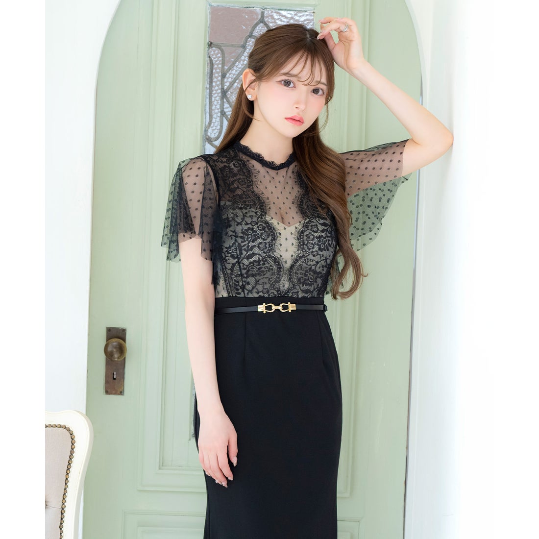 ティカ Tika キャバドレス 半袖 シアー ドット柄 フレアスリーブ 谷間