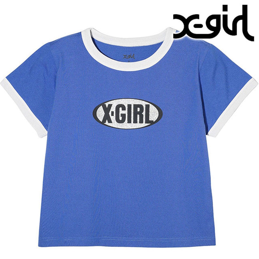 エックスガール X-girl GLITTER OVAL LOGO S/S BABY TEE BLUE