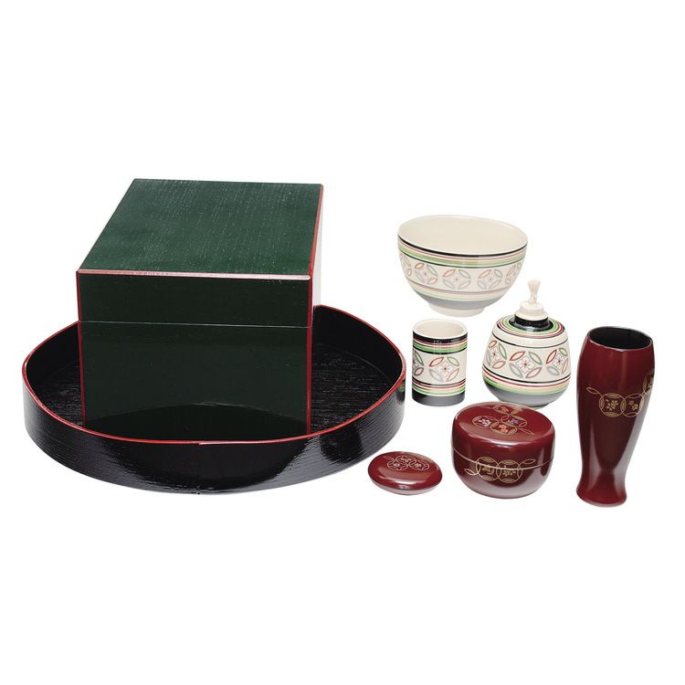 茶道具 利休茶箱セット青面朱 [三点セット 独楽七宝・古代朱七宝・