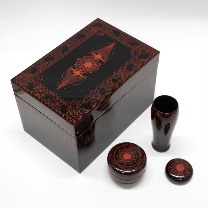 茶箱□利休茶箱 8点セット 京焼 赤絵 刷毛 振出茶入 茶碗 お茶道具 古