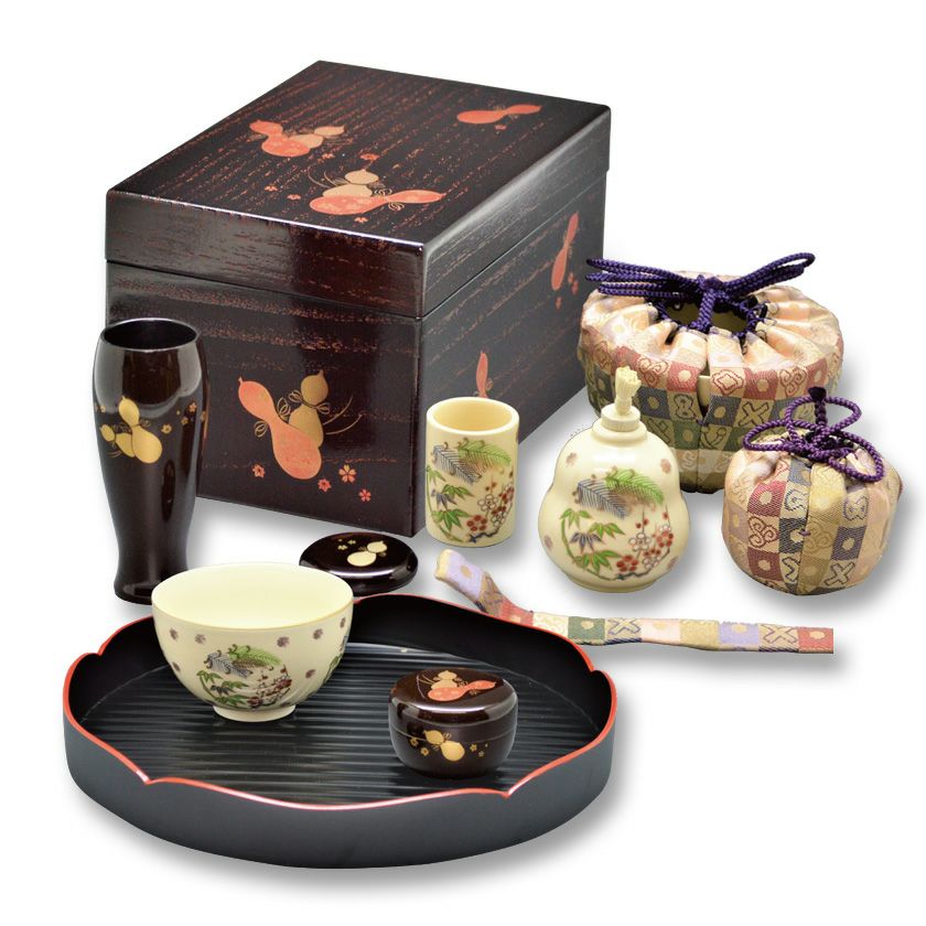 N872 茶箱 『溜塗』『松橋蒔絵』『黄交趾茶器三点揃』 紙箱 茶道具