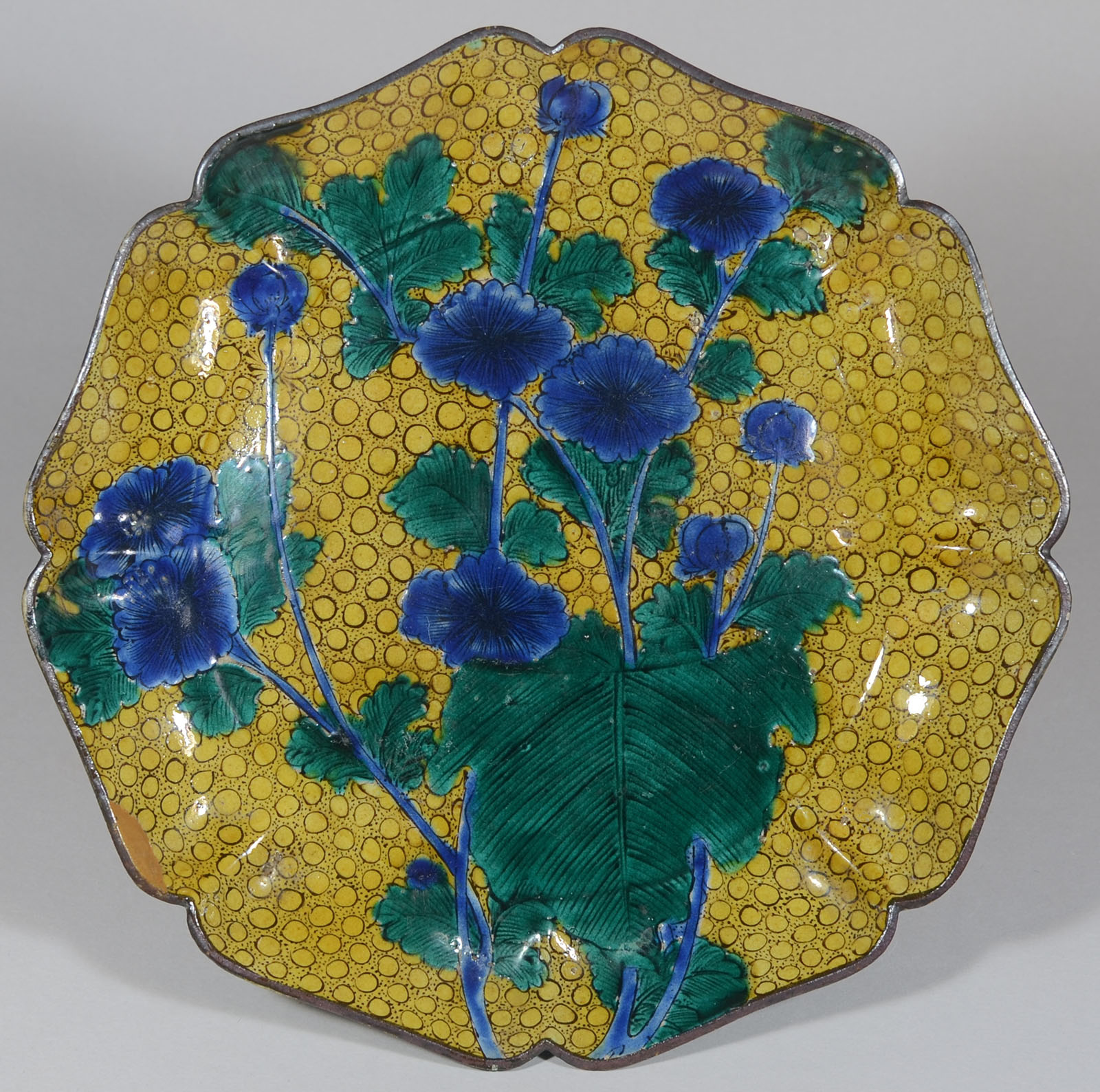 古九谷 角福青手 花鳥文 高台 輪花皿 古九谷 角福