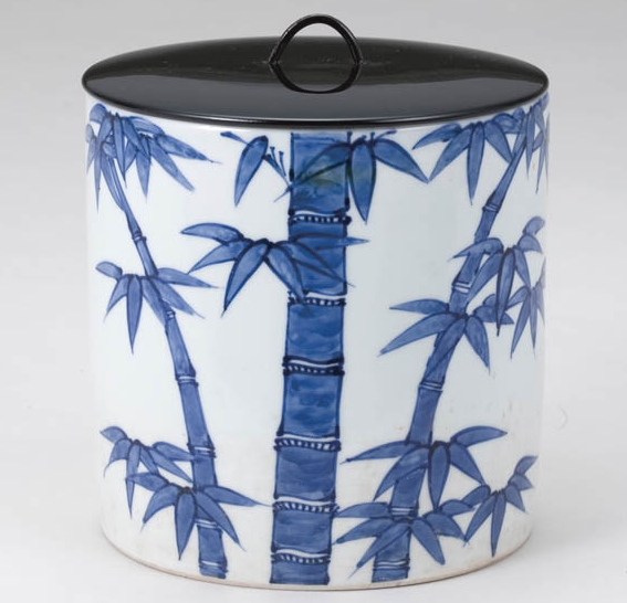 1319 茶道具 染付竹文水指 手塚景雲作 未使用 1319 茶道具 染付竹文水