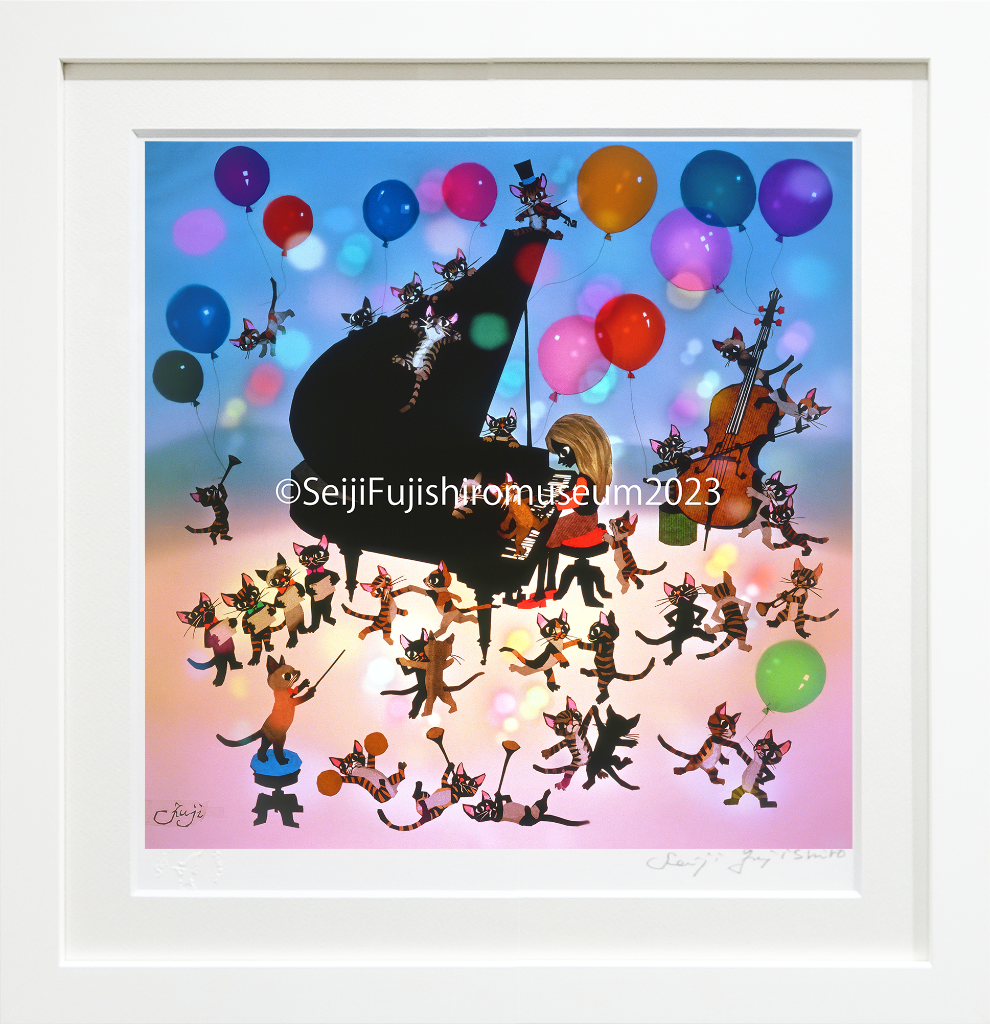 藤城清治2枚セット(版画/切り絵/美術/ポスター)猫.小人.花