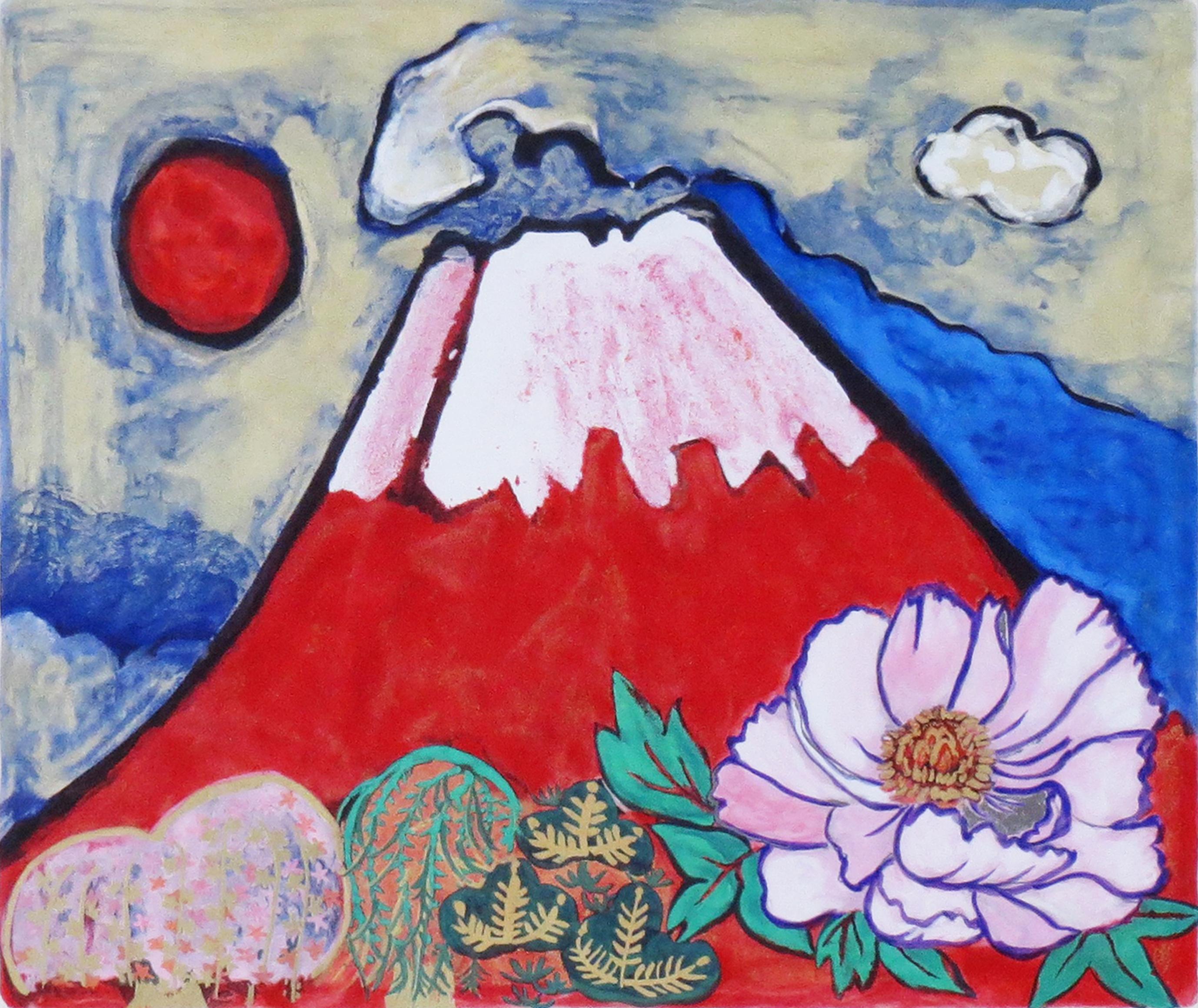 F6号/片岡球子/花咲く富士/肉筆手描き/岩粉/表裏サイン/共シール/