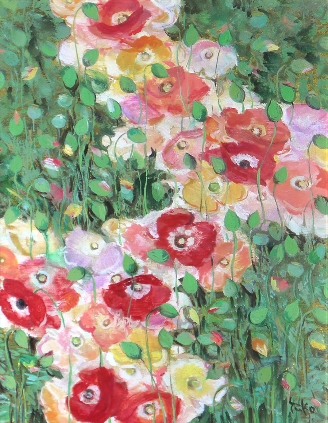 真作】中島裕子 油彩 SM号「ファンタジーの花々」額装 ポピー 薔薇