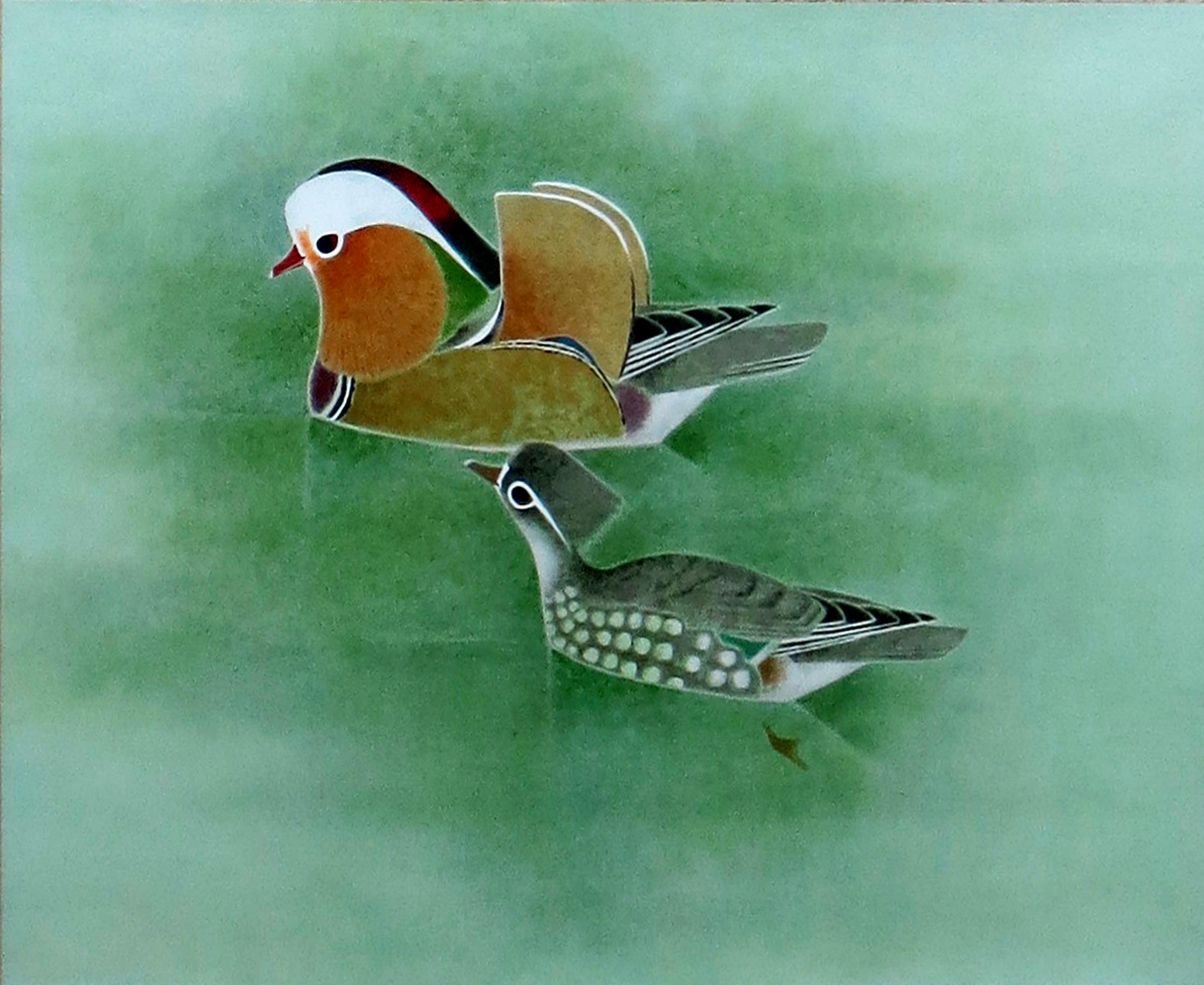 真作】【直筆サイン】上村淳之「鴛鴦」【リトグラフ】【額付】 真作