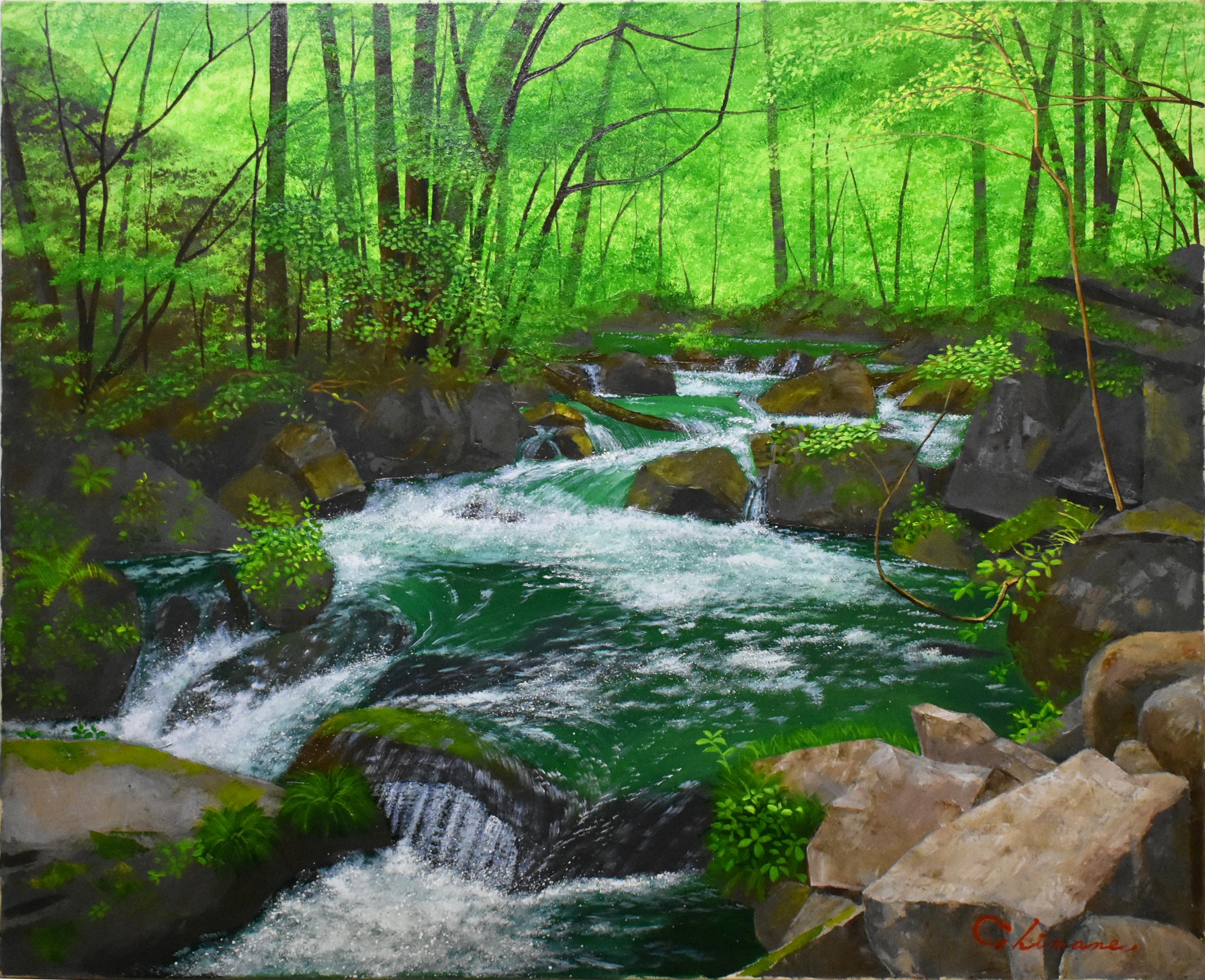 油彩画 新緑奥入瀬 125.「新緑の奥入瀬」髙橋一善 油絵