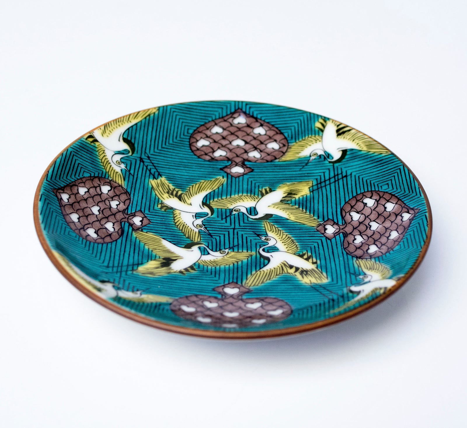 九谷焼 青手 色絵 波文 角福 松竹に鶴図 28cm 大皿 bci-大