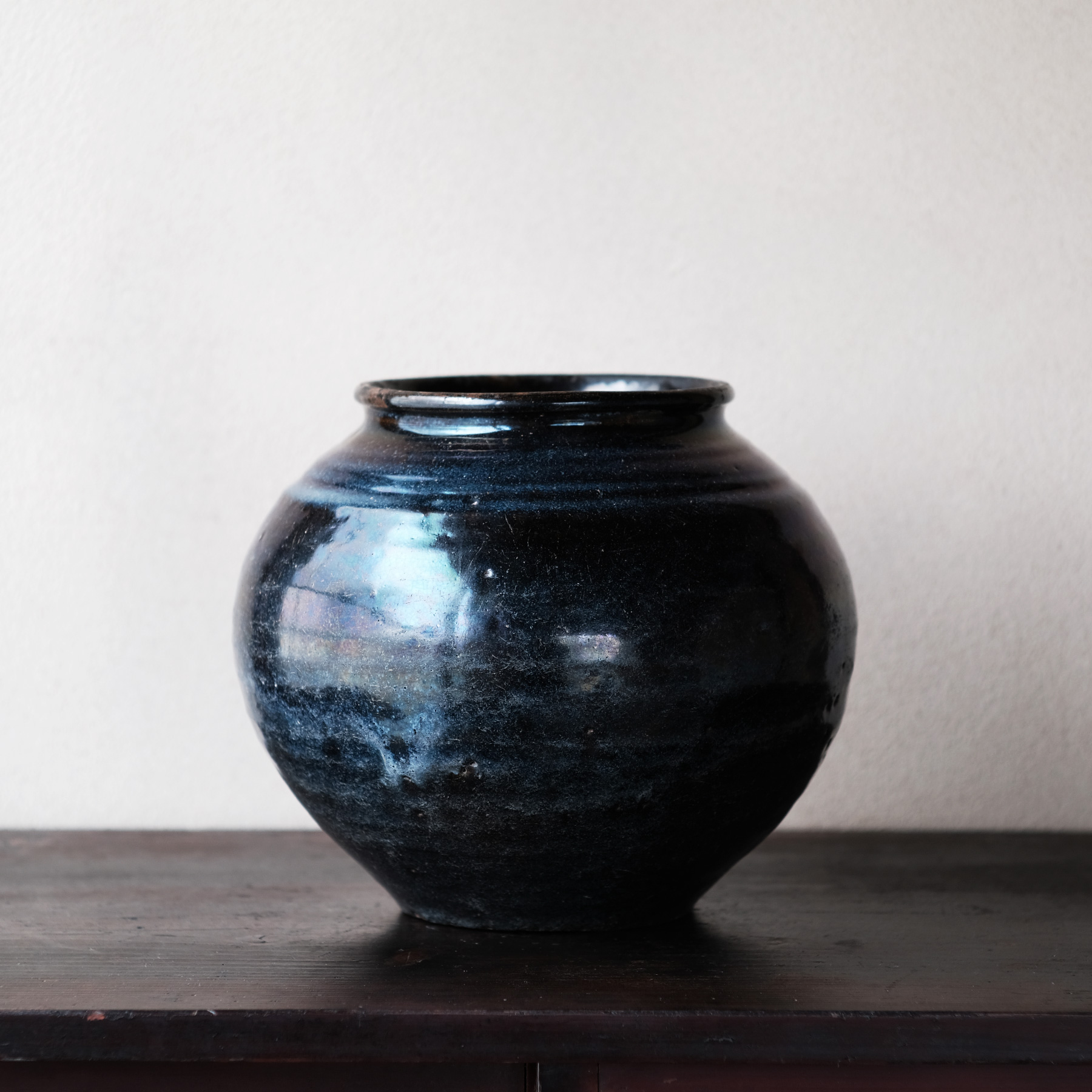 朝鮮 李朝 黒釉壷 鶴首瓶 時代箱付 M R4425B 李氏朝鮮