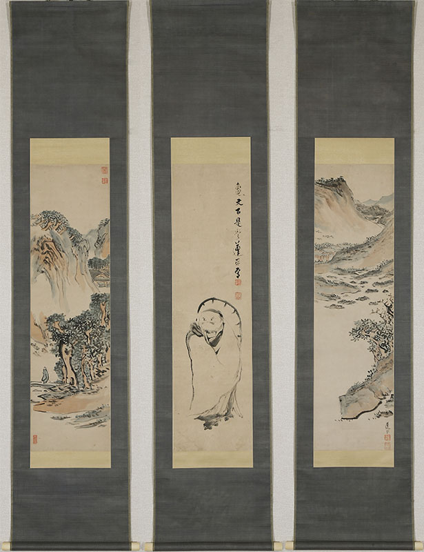 真作】水田硯山/池塘春陰図/山水図/春景図/掛軸/名家伝来/