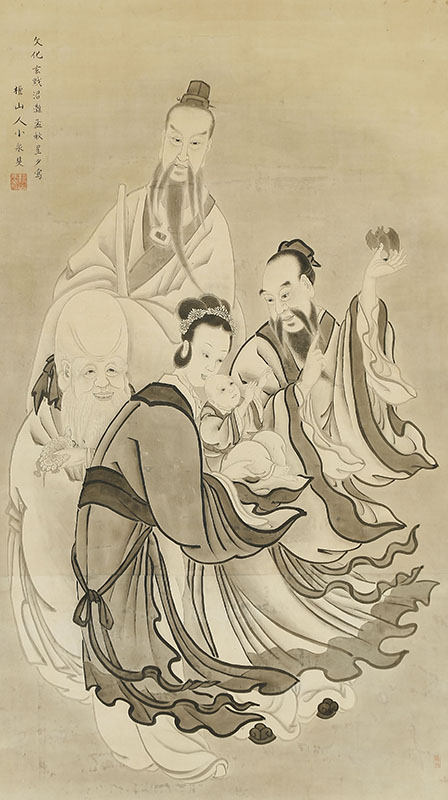 真作/古市金峨/唐美人図/絹表装/布袋屋掛軸HF-234 真作/古市金峨/唐