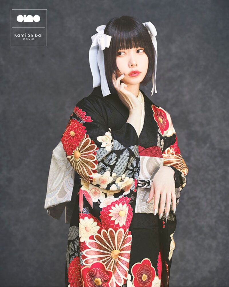 ピンク花柄振袖と黒金帯セット 振袖 フルセット袷 正絹 銀通し