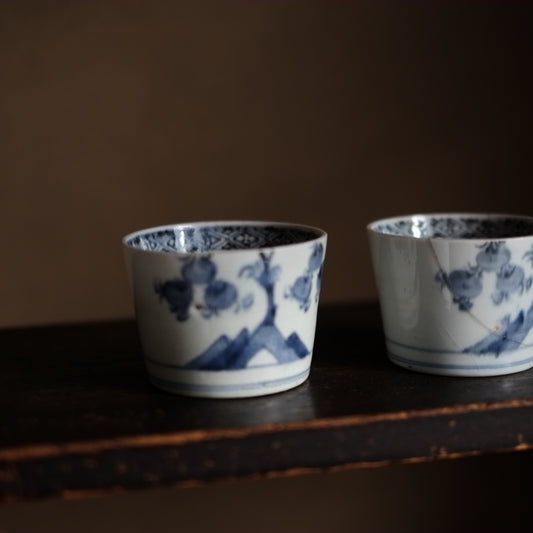 CM78】古伊万里 青磁 染付 猪口 四客 陶芸 湯呑 酒器 小鉢 向付 懐石