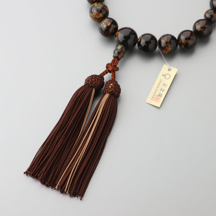 数珠 男性用 虎琥珀18玉 共仕立 正絹蛍房(ブラウンに薄茶) — 仏壇
