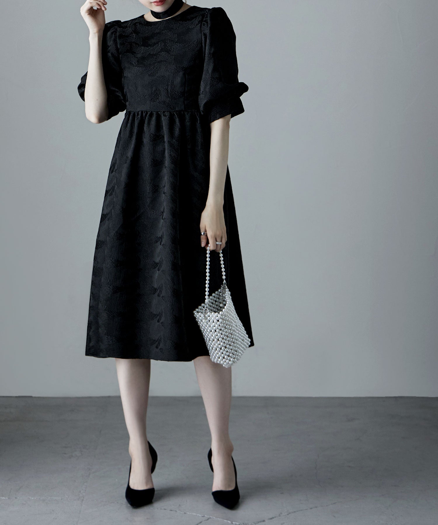 ジャガードパフスリーブドレス｜パーティードレス・結婚式ワンピース