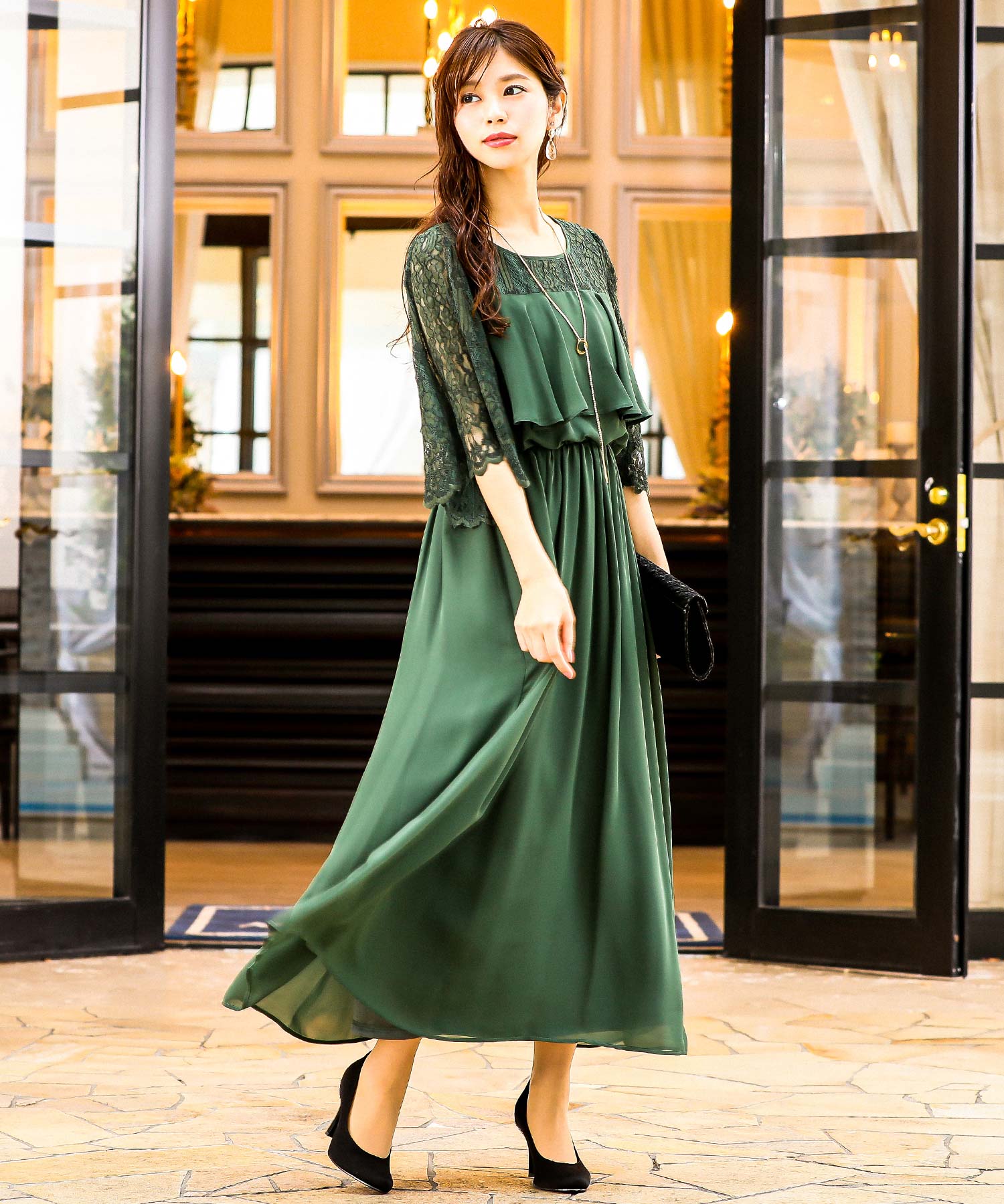 レーススリーブロング 結婚式ワンピース パーティードレス 成人式