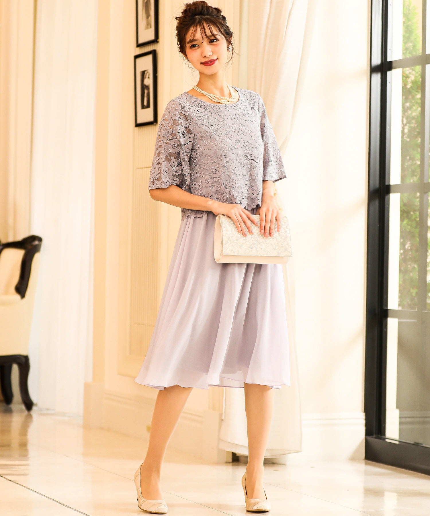 レース×シフォンドッキング 結婚式ワンピース パーティードレス