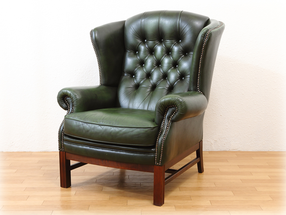チェスターフィールド アンティークグリーンレザー ウィングバック