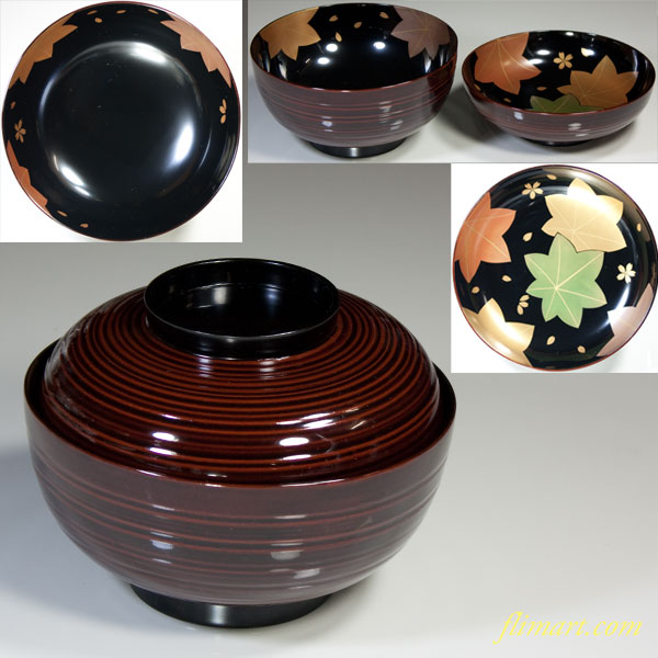 漆器木製もみじ桜彫細工茶碗吸物椀汁椀 5客共箱