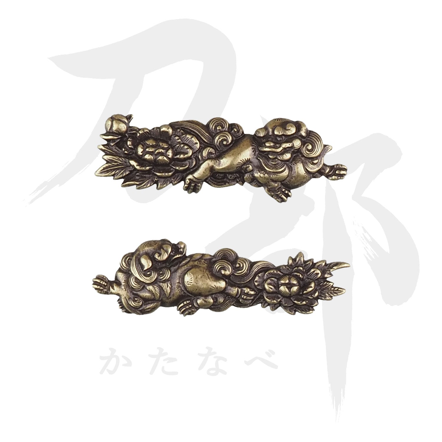 LIG 江戸期 銅地金彩 銀粒象嵌 花山羊図目貫一対 刀装具