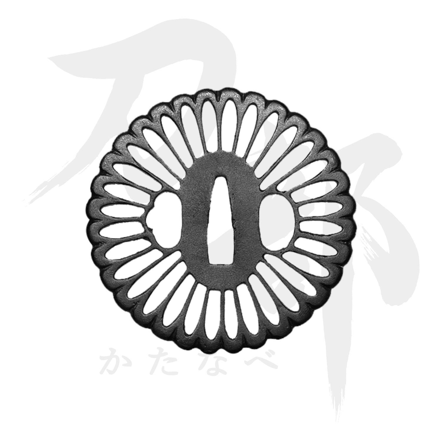 値下げ] 鍔:鉄地 花卉紋すかし 楕円形 無銘 値下げ] 鍔:鉄地 花卉紋