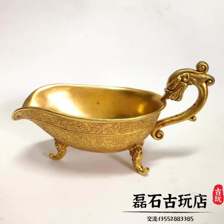 中国古美術 旧蔵 唐代 大唐貞觀款 鍍金銅酒杯 精銅製 小型酒器 文房 純